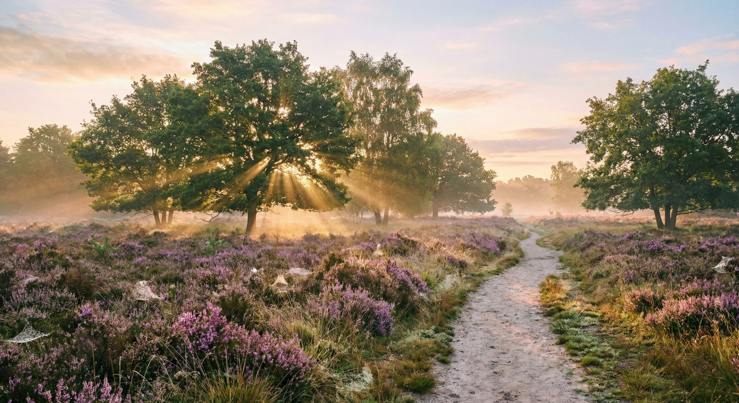 En dansk hede, med lyng og solopgang.